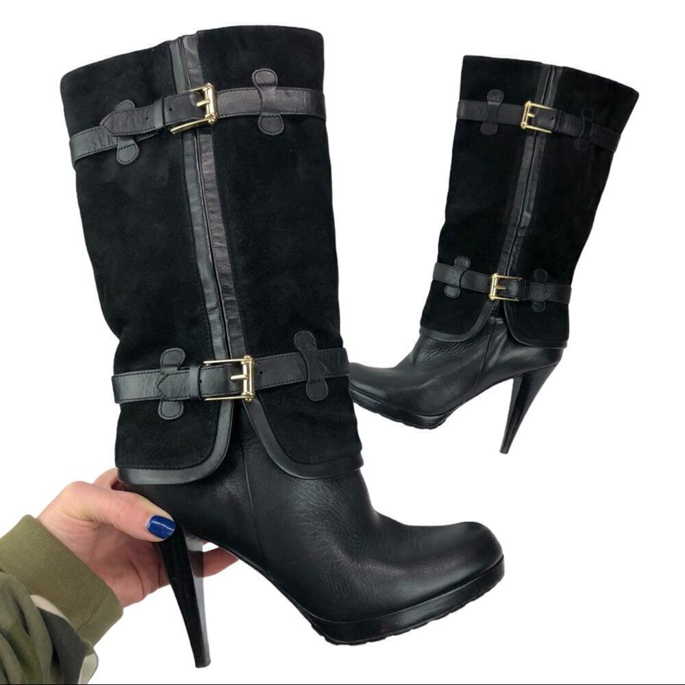 Cole Haan Kennedy Leather Suede  High Heel Nike Air Boots Buckles in Black 6.5